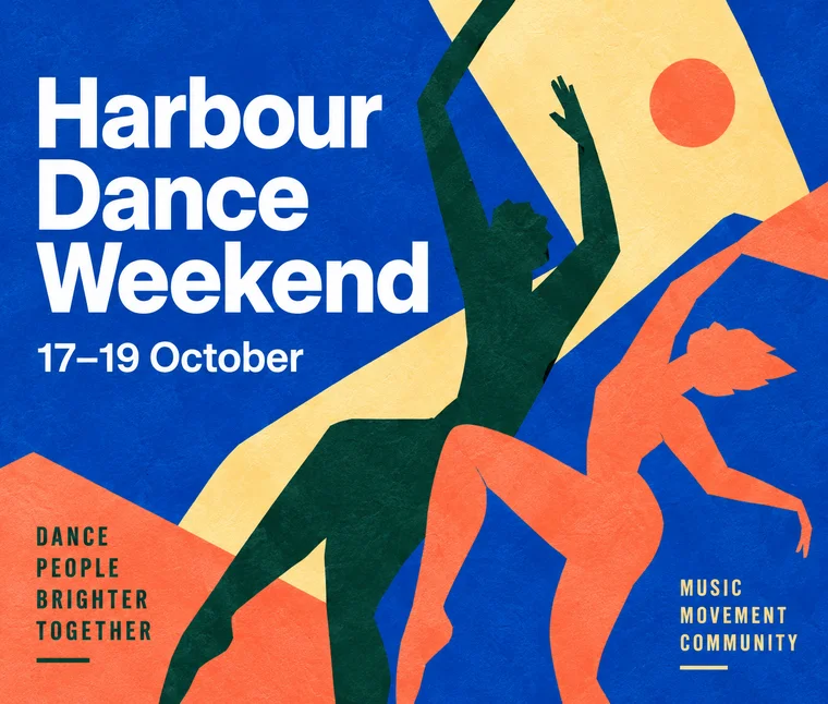Harbour Dance Weekend, 17–19 October. Cobalt and coral artwork of two dancers.